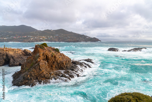 The rocky, scenic coastline along the Pacific Ocean at the cape of Punta Banda, southwest of the city of Ensenada, Mexico.