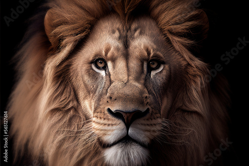 Portrait of a male African lion isolated on a black background. Realistic face, front view. African wildlife mammal feline. Concept of King, power, strength, powerful, leader, strong. Generative AI.