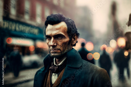 Abraham Lincoln on the streets of New York. Abraham Lincoln birthday. Generative AI