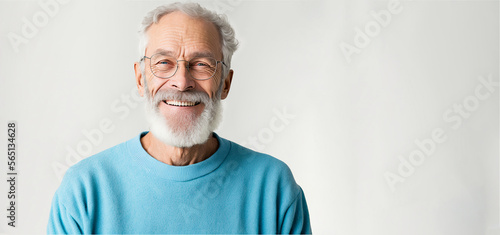 Mature, bearded man with a cheerful smile wearing a sweatshirt stands alone on a white background, looking at the camera mid-aged, gray-haired senior hipster