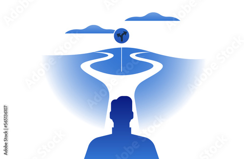 Man standing in street crossroad, modern flat gradient illustration for psychology guidance or career path concept. Lost person stuck between two decisions, business opportunity or life choice idea.