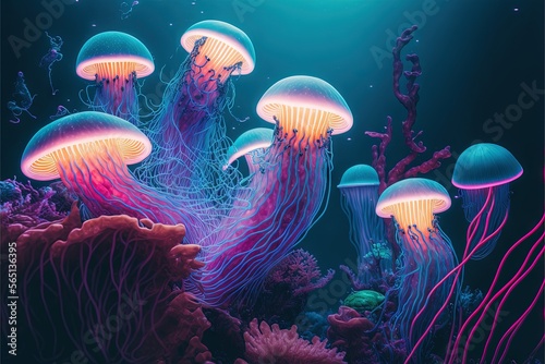  a group of jellyfish swimming in a blue sea with pink and purple lights on them and a coral reef in the background with a starfish. generative ai