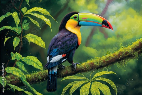  a colorful bird perched on a branch in a forest with green leaves and a tree branch with a toucan on it's side. generative ai