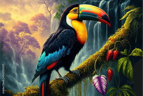  a painting of a toucan sitting on a branch in front of a waterfall with flowers and leaves around it, with a waterfall in the background. generative ai