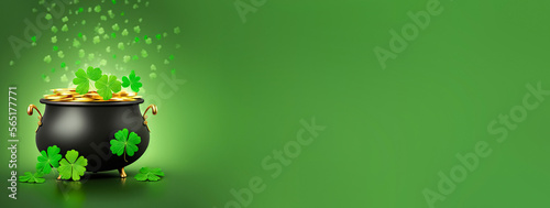 black pot full of gold coins and shamrock leaves. st. patrick's day abstract green background for design, banner, invitation. digital art, generative ai 