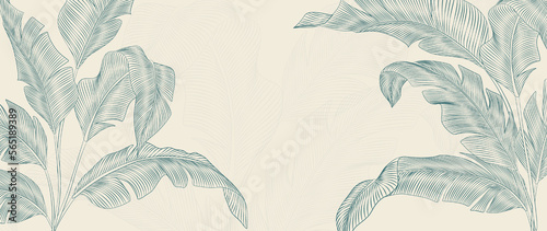 Botanical art background with tropical leaves in white and blue color hand drawn in line style. Luxury banner with exotic plants for decoration, print, wallpaper, textile, packaging.