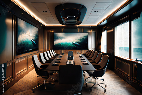 A modern board room with a large conference table at its center, surrounded by comfortable chairs. The walls are adorned with high-tech presentation screens and the latest audio-visual equipment.