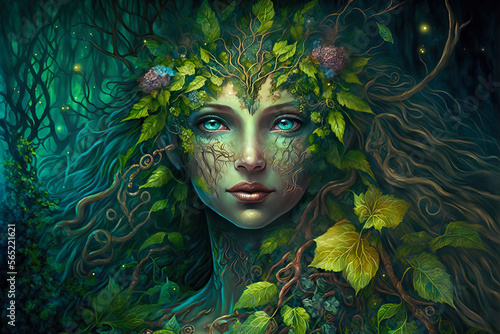 Beautiful dryad goddess in forest. Dryad goddess merging with a magical forest. Post-processed generative AI 