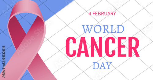 Image of world cancer day text and pink ribbon on white background
