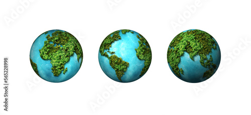 Green World Map- 3D tree or forest shape of world map isolated on white background. World Map Green Planet Earth Day or Environment day Concept. Green earth with electric car. Paris agreement concept.
