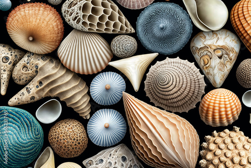Pattern of various sea shells. Generative AI
