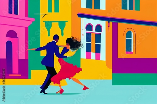 A vector colorful illustration of a couple dancing Tango in the streets