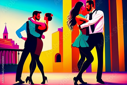 A minimalist illustration of two couples dancing Tango in the colorful streets.