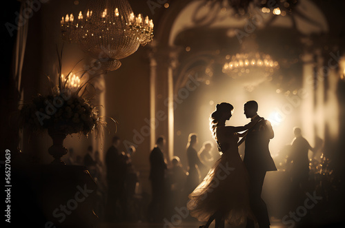 A Couple Dancing in a Romantic Ballroom, with a Chandeliers in the Background - Generative AI