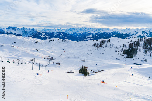 View of wintry landscape from Kitzbuhel Horn mountain in Austrian Alps in Kitzbuhel. Winter in Austria