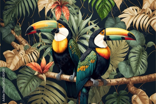 seamless textile trendy 2d illustration pattern with toucans on a branch in tropical nature in exotic with tropical leaves abstract painting
