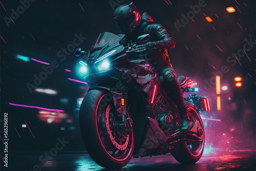 Speedway with riding Futuristic sport motorcycle in a night city,cyberpunk motorcycle background ,generative AI 