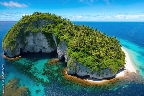 Illustration photo of a hidden lost island in the middle of the sea with paradise water and green rock island and a lost beach