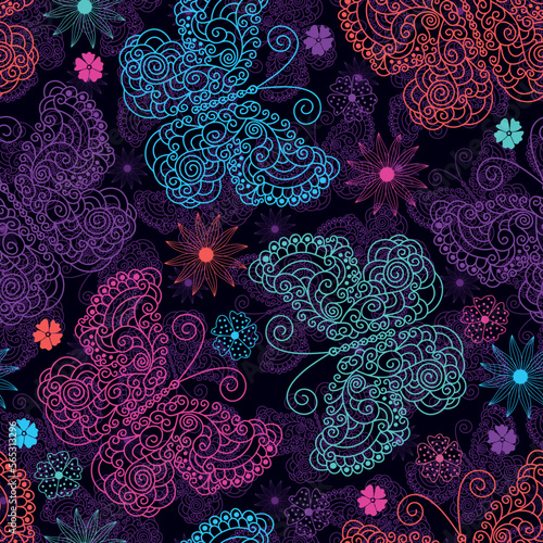 Vector seamless spring pattern with lace colorful butterflies on a dark violet background.
