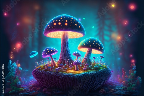 Magical Mushroom in fantasy enchanted fairy tale forest. Generative Ai.