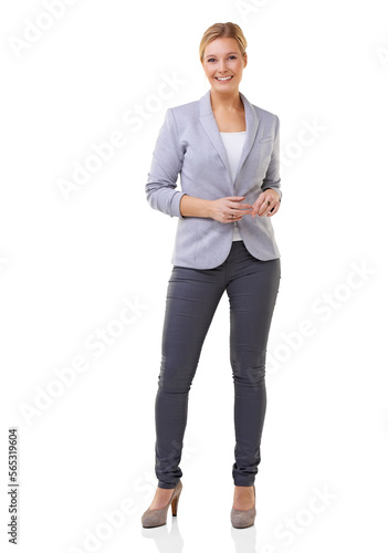 Portrait of a beautiful young woman standing wearing a business formal wear Isolated on a PNG background.