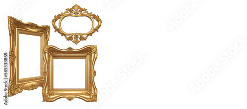 Three baroque golden frames on a transparent background, copy space generative ai