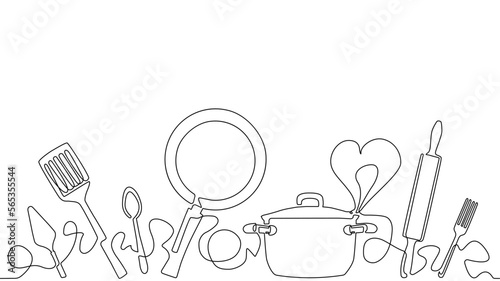 Vector seamless pattern that repeating horizontally with kitchen utensils and empty space for text above them. Background on the theme of cooking. 