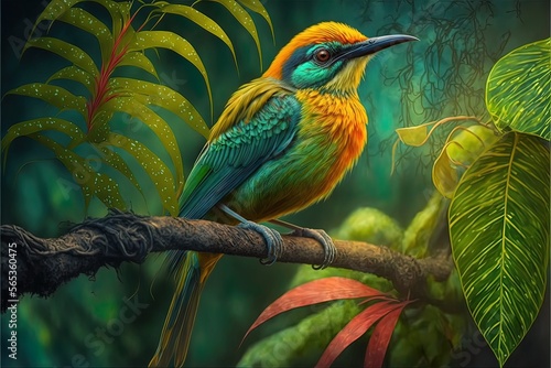 Bright exotic bird in a tropical garden, sunlight. AI