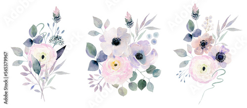 Cold toned delicate flowers - anemones, ranunculus, eucalyptus and twigs. Watercolor bouquets clipart. Hand drawn floral illustration. Perfect for print and screen, invitation or greeting card.