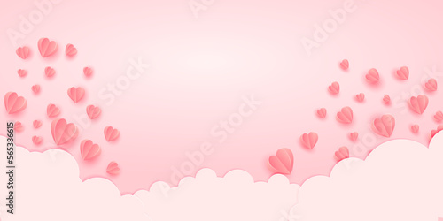 Paper elements in shape of heart flying on pink background with cloud. Vector symbols of love for Happy Women's, Mother's, Valentine's Day, birthday greeting card design.