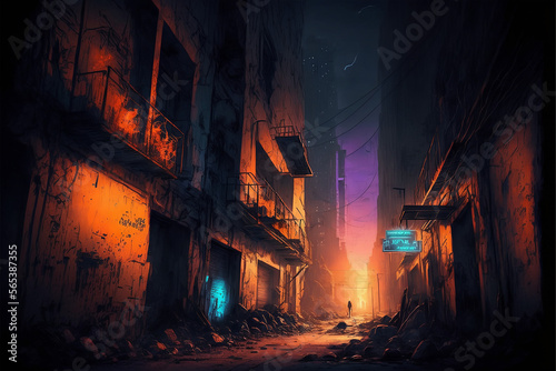 Ruelle hostile d'une ville du futur la nuit