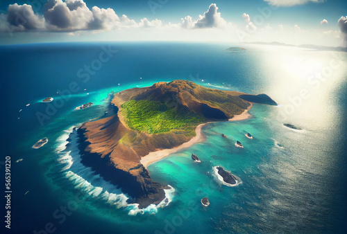 Beautiful aerial view of Hawaii. Generative Ai Art. Island with dense and lush vegetation.
