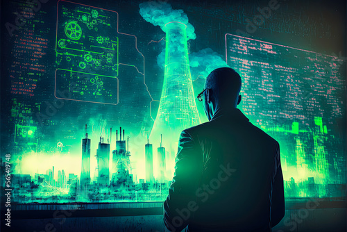 A nuclear engineer silhouetted against a digital image of future nuclear power plants. Stable and safe power source, secure energy.