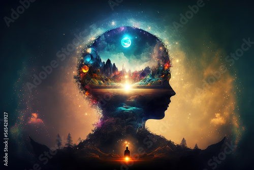 Spiritual awakening meditation. Mindfulness concept, enlightment. Post-processed generative AI 