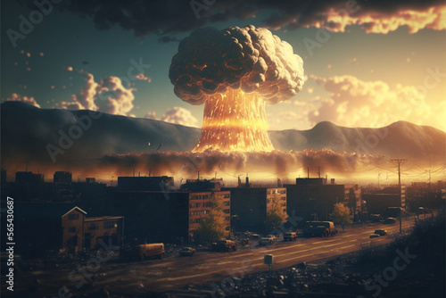 Atomic Bomb over a City with Mushroom cloud in the distance. Giant Nuke Explosion Blast. Nuclear war danger. WW3 Danger Illustration. Ai generated