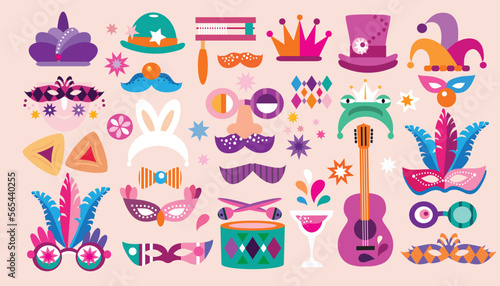 Happy Purim - holiday jewish carnival template seamless pattern Carnival mask, Hamantashen, confetti, clown, garland, crown, firework Vector festive design illustration
