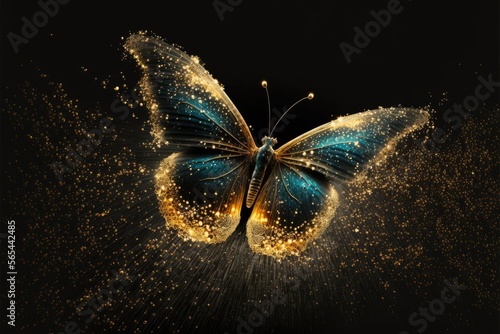 Magic night butterfly gold glitter golden dust nature background, mystical insect Generative AI illustration