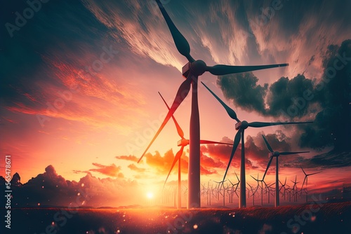 Pictures of a wind farm at sunset. nice contrast with the sky. environmental theory Generative AI