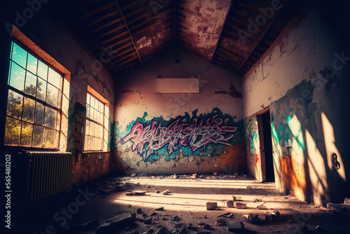 Abandoned building interior with various graffiti on the wall, Generative Ai
