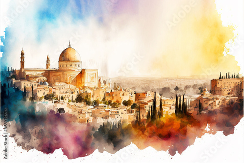 Jerusalem city watercolor panoramic painting. Generative AI