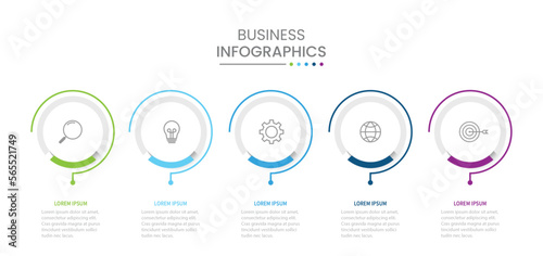 Business infographic thin line process with circle template design with icons and 5 options or steps.