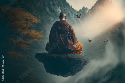 A monk levitating from the ground using magical powers gained through meditation