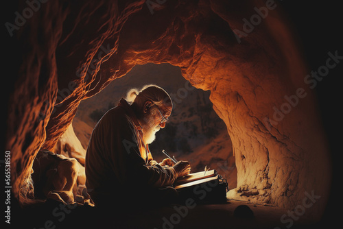 Old man writing his memoir journal in a dark cave. Generative AI