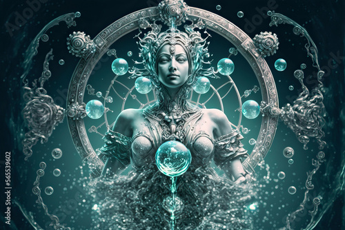 Beautiful water goddess. Wife of Neptune or Poseidon. Sea nymph. Post-processed digital AI art