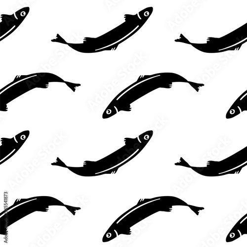 Seamless pattern with curved fish silhouettes. Seafood for the culinary menu. Fish for industrial canning. Anchovy in flat cartoon graphic style. Element for design backgrounds. Baltic herring.