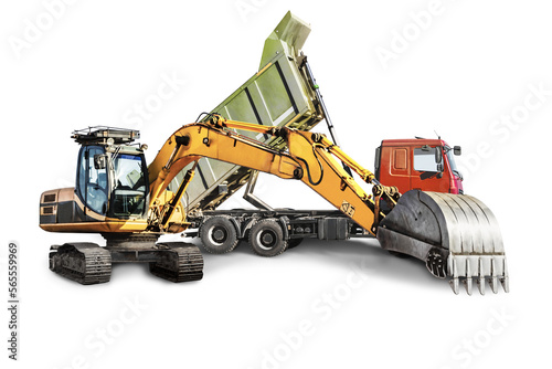 Mining dump truck and crawler excavator close-up on a white isolated background.Construction equipment for earthworks. element for design.