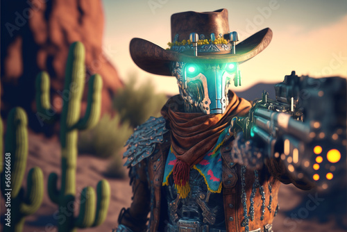 Portrait of a cowboy robot in a hat with a gun aiming at the camera, cartoon style, wild west aesthetic, futuristic art created by ai