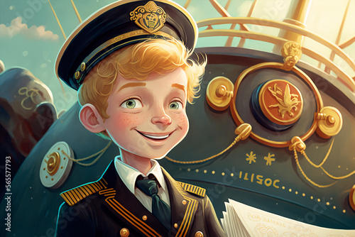 Illustration for children's book depicting an cute baby Boat commander - AI generative 