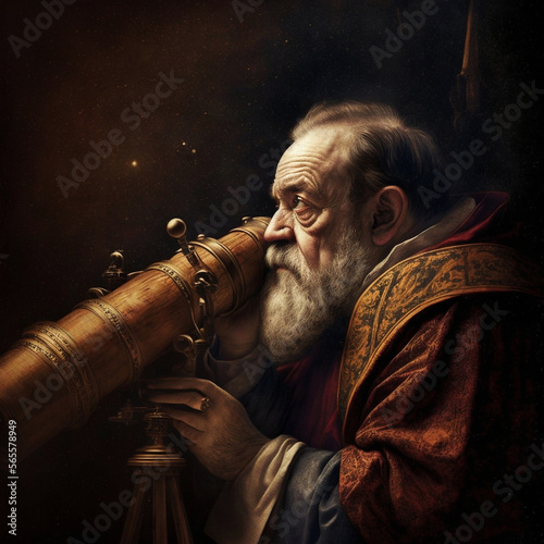 Retro fantasy: Galileo Galilei near his telescope looking pensive to the firmament of stars. Content made with generative AI not based on real persons.