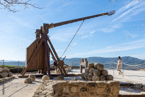 Exterior view of a medieval wooden catapult in the fortress of La Mota (Alcalá la Real, Spain)